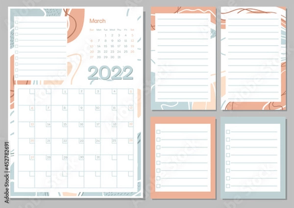 Fototapeta March 2022 calendar month planner in pastel color, week starts on Sunday, planner and notes pages collection set. Drawing page for notes, notebooks, diary, organizer and schedule
