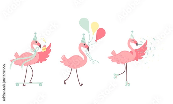 Fototapeta Cute Pink Flamingo in Birthday Party Hat Carrying Bunch of Balloons and Skateboarding with Cake Vector Set
