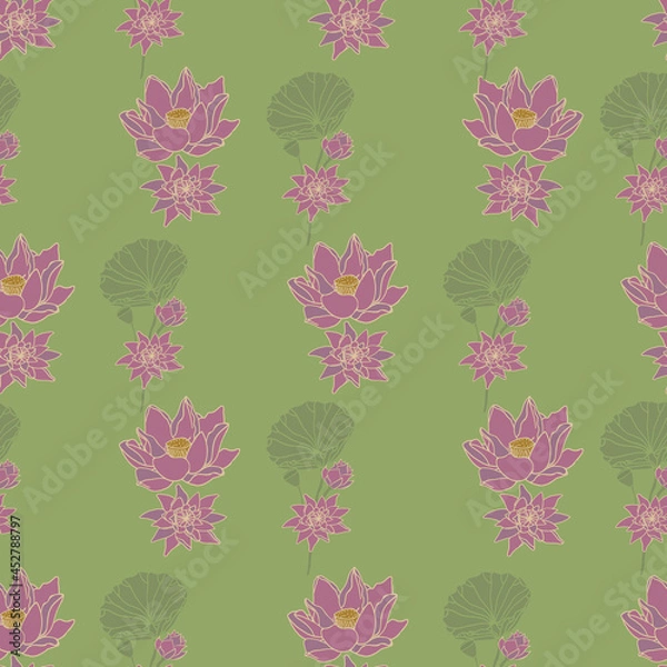 Fototapeta Vector green lotus seamless pattern background. Perfect for fabric, scrapbooking, sewing, crafting and wallpaper projects.