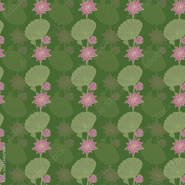 Fototapeta Vector green horizontal lotus seamless pattern background. Perfect for fabric, scrapbooking, sewing, crafting and wallpaper projects.