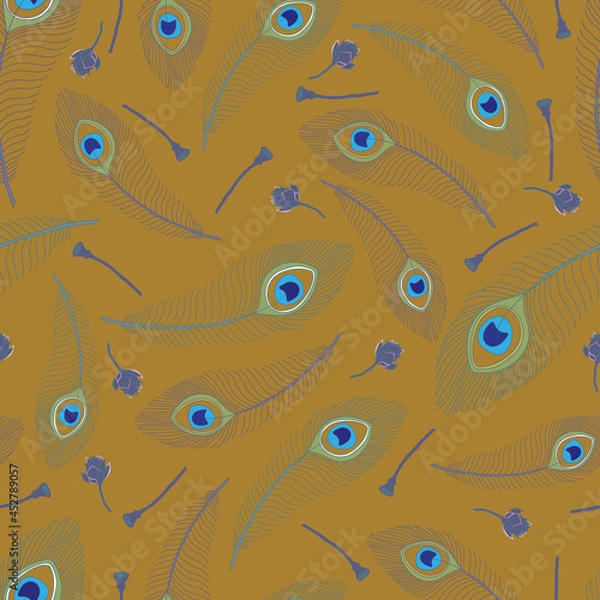 Fototapeta Vector mustard peacock feathers and lotus