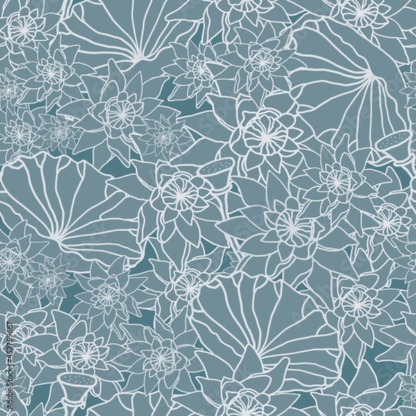 Fototapeta Vector teal lotus seamless pattern background. Perfect for fabric, scrapbooking, sewing, crafting and wallpaper projects.