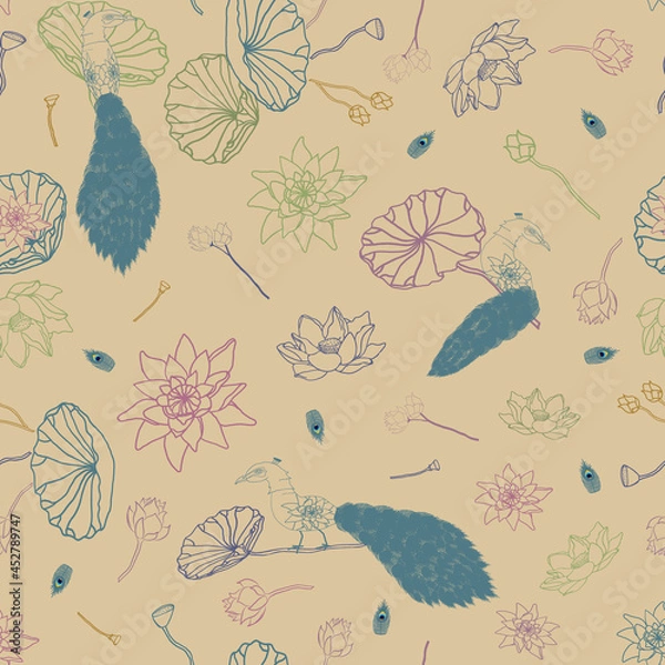 Fototapeta Vector yellow peacock and lotus seamless pattern background . Perfect for fabric, scrapbooking, sewing, crafting and wallpaper projects.