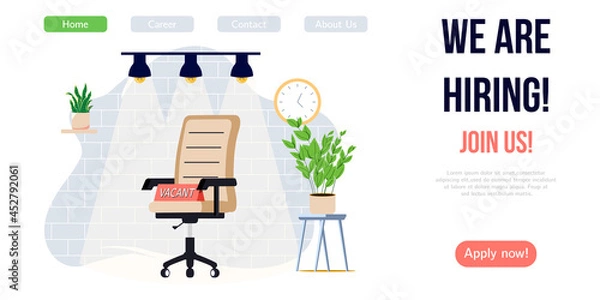 Fototapeta We are hiring banner design. Job vacancy vector poster. Empty office chair and vacant sign on it. Business recruiting creative concept.