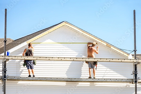 Fototapeta Professional contractor working on exterior structure, measuring siding for installation, durable and permanent of residential. New house construction. Renovate, maintenance, build with safety tool.