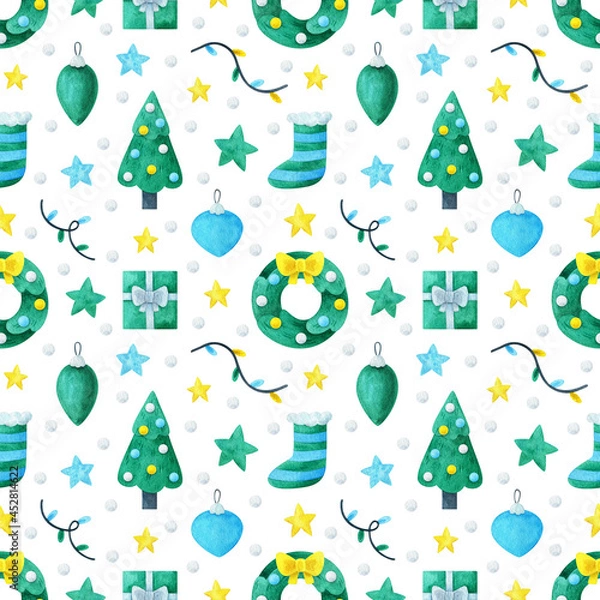 Fototapeta Seamless pattern with a Christmas design. A wreath, a Christmas tree, a garland, a star, a Christmas ball on a white background. Watercolor festive ornament. Cute print with  New Year's  illustrations
