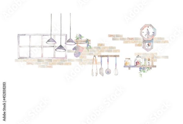 Obraz キッチンの風景、タイル壁とインテリア