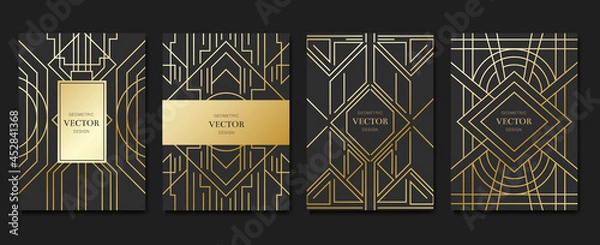 Fototapeta Gold and Luxury Invitation card design vector. Abstract geometry frame and Art deco pattern background. Use for wedding invitation, cover, VIP card, print, poster and wallpaper. Vector illustration.