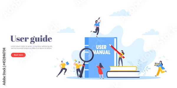 Obraz User manual guide book flat style design vector illustration. Tiny people, magnifying glass and guidance manual instructions working together with guide book. Specifications user guidance document.
