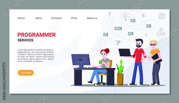 Fototapeta Work and services for programmers home page. Professional programming and writing new digital applications training coding specialists with creative developments. Vector online banner.