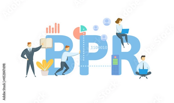 Fototapeta BPR, Business Process Reengineering. Concept with keyword, people and icons. Flat vector illustration. Isolated on white.