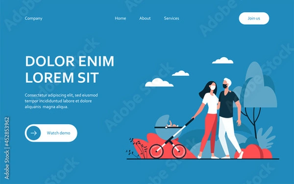 Fototapeta Family with baby in pram wearing masks. Kid, buggy, park flat vector illustration. Pandemic and protection concept for banner, website design or landing web page