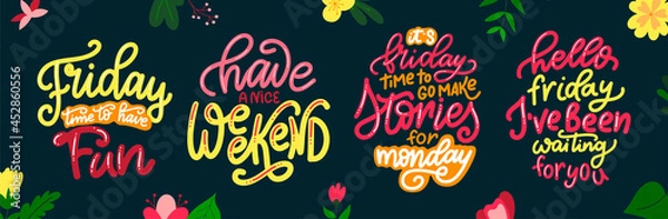 Fototapeta Set of Week days hand drawn calligraphic quotes. Brush lettering with flat flowers. Typography poster for your design. Vector illustration
