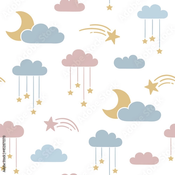 Obraz Seamless pattern with moon and stars hanging from clouds