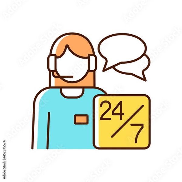 Fototapeta Customer support RGB color icon. Clients assistance. Answer call. Person with headset. Online consultant. Customer and business interaction. Isolated vector illustration. Simple filled line drawing