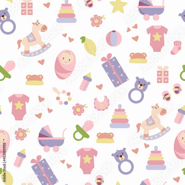 Obraz This is a girl. Children's pattern with children's toys, objects. Seamless background with baby things. Design of fabrics, textiles, wallpaper, packaging, Decoration for the nursery.