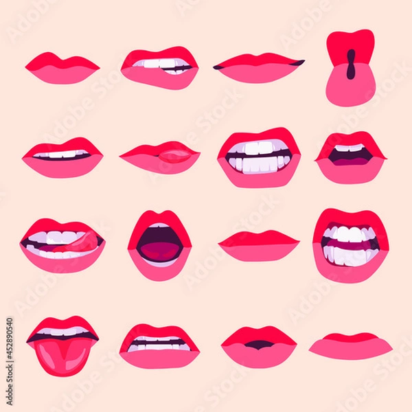 Obraz A hand-drawn drawing. Illustration of female lips. The mouth of a girl with a mouth painted with red lipstick. . A mascot for Valentine's Day. Women's beautiful print or postcar