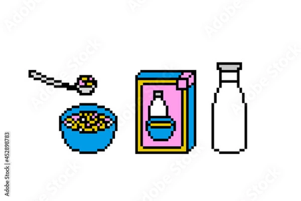 Fototapeta Set of 3 pixel art breakfast icons isolated on white background. 8 bit box and bowl of cornflakes and a bottle of milk. Old school vintage retro 80s, 90s 2d computer, video game, slot machine graphics