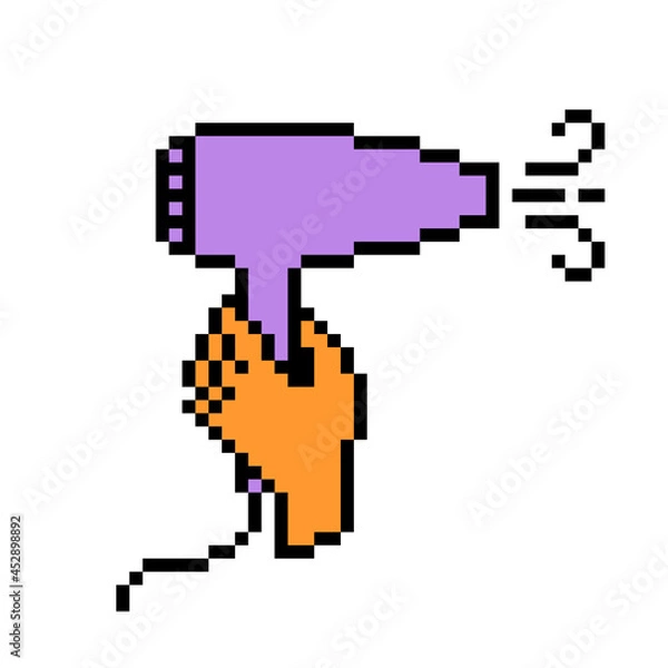 Fototapeta 8 bit pixel art hand holding purple hair dryer symbol isolated on white background. Beauty salon styling device icon. Old school vintage retro 80s, 90s 2d computer, video game, slot machine graphics.