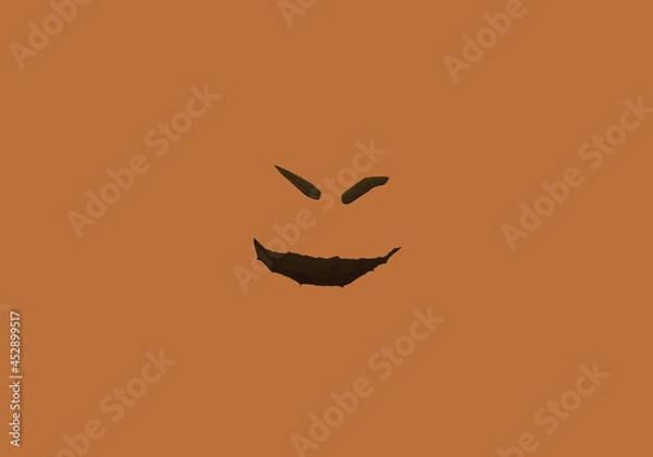 Fototapeta Scary pumpkin face on orange background. Black and orange color. Evil look. Creepy smile. Flat lay.