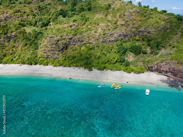 Fototapeta Drone view of white sand beach of Mayotte turquoise lagoon