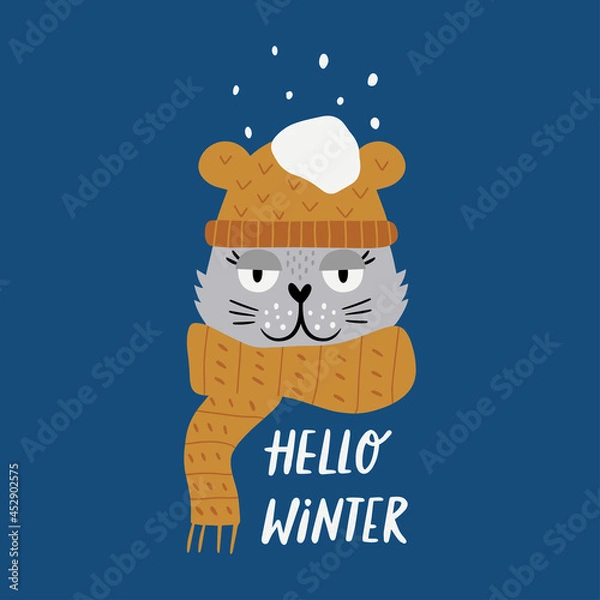 Fototapeta Christmas funny cat. Cute funny cat on white background. Flat cartoon vector illustration.