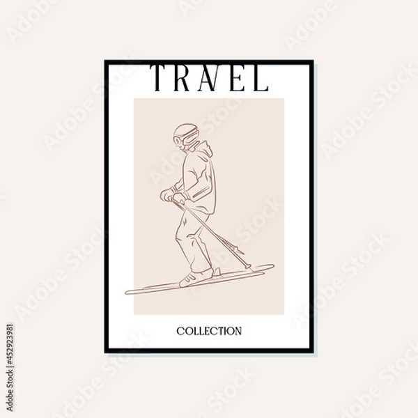 Fototapeta Hand drawn line art travel vector poster. Bohemian Minimal, boho style and natural wall art for print, cover, wallpaper.
