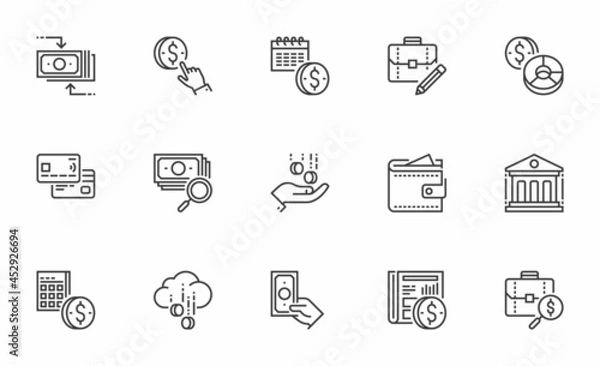 Fototapeta Set of Vector Line Icons Related to finance. Cash, Banking, Financial Services, Money Management. Editable Stroke. 64x64 Pixel Perfect.