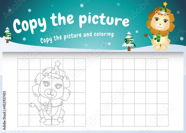 Fototapeta copy the picture kids game and coloring page with a cute lion using christmas costume