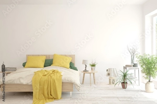 Fototapeta Soft color bedroom interior. Scandinavian design. 3D illustration