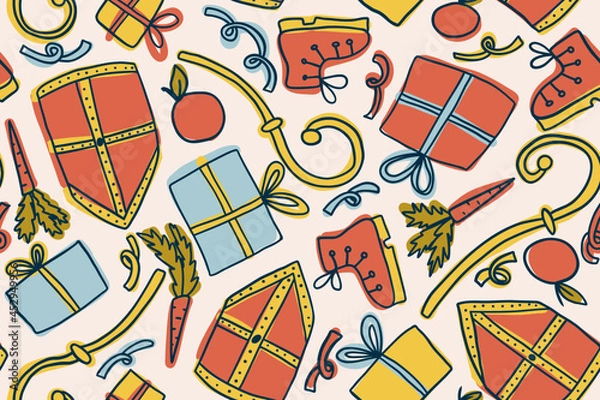 Fototapeta Sinterklaas vector seamless pattern - design for fabric, wrapping, textile, wallpaper, background.
