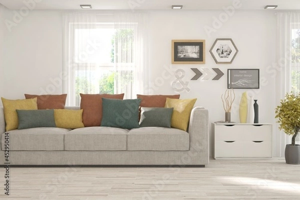 Obraz Soft color living room with sofa. Scandinavian interior design. 3D illustration