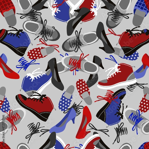 Fototapeta Background of different shoes red gray seamless background. Vector illustration