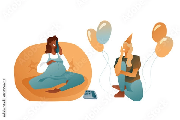 Fototapeta Mom's holiday, preparing for a party, festive balloons, talking on the phone. Female characters on a white background, a pregnant girl in a blue jumpsuit, the concept of happy motherhood.