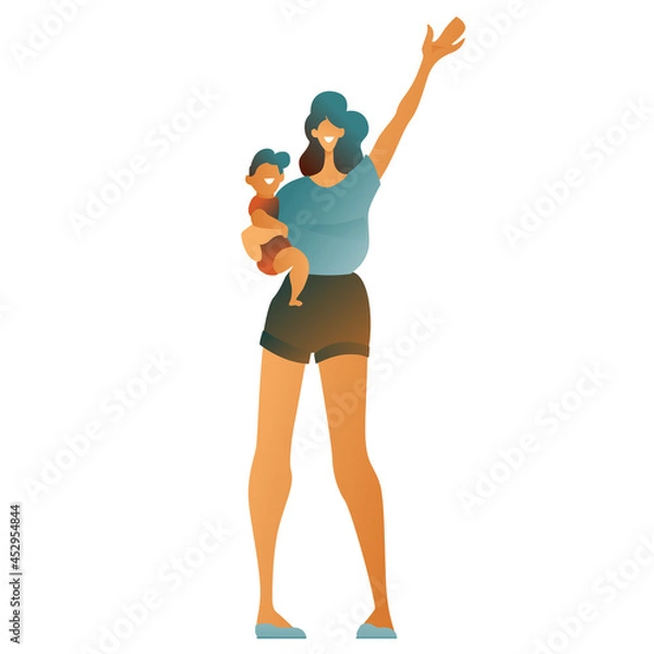 Fototapeta A mother in shorts and a T-shirt holds a small child and waves hand, a greeting on a white background. The concept of happy motherhood, flat design. Voluminous hairstyle, smiling characters.