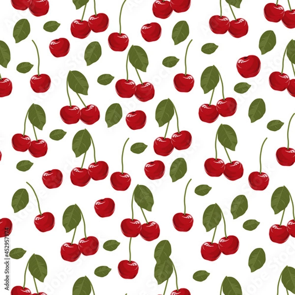 Fototapeta Ripe juicy cherry. Ripe fruit, garden berry. An endless pattern of green leaves. For wrapping paper. Ideal for wallpaper, surface textures, textiles.