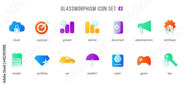 Fototapeta A set of vector icons of the modern trend in the style of glass morphism with gradient, blur and transparency. The collection includes 14 icons of different colors in a single style. Part 3