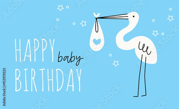 Fototapeta An illustration of a heron or stork on an isolated background. A postcard for the birth of a child. Dusty pastel colors. Modern flat style: spot and line. Scandinavian design. Text happy birthday