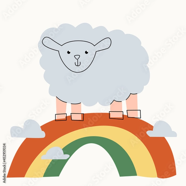 Fototapeta Illustration of a lamb on a rainbow among clouds on an isolated background. Dusty pastel colors. Modern flat style