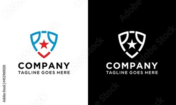 Obraz line art initial letters PP shield star shape blue monogram logo on a black and white background.