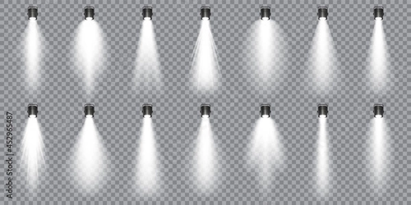 Fototapeta Illuminated studio spotlights collection. Bright light beam. Transparent realistic effect. Stage lighting. Glowing light rays. Vector illustration.