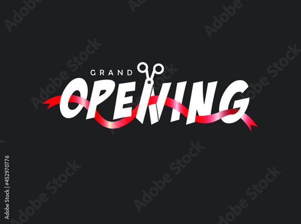 Fototapeta Grand opening vector background. Scissors and red ribbon non-standard design element for banner or backdrop for the opening ceremony