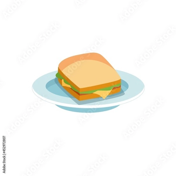 Fototapeta Vector cartoon flat sandwich on plate isolated on empty background-balanced diet,healthy eating and food cooking concept,web site banner ad design