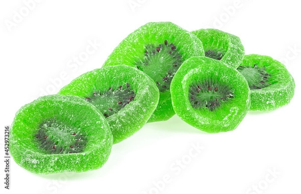 Fototapeta Slices of dried kiwi fruit isolated on a white background. Candied kiwi fruit.