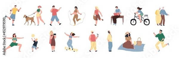 Fototapeta Set of vector flat cartoon characters enjoy summer outdoor activities-walking,bicycle riding,skating,jumping,running,reading,doing yoga.Healthy sporty lifestyle social concept,web site banner design