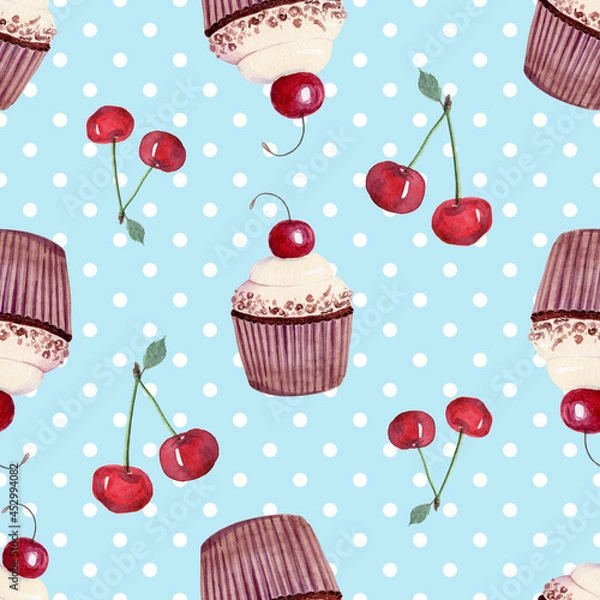 Obraz Watercolor cherry cupcake seamless pattern on blue background