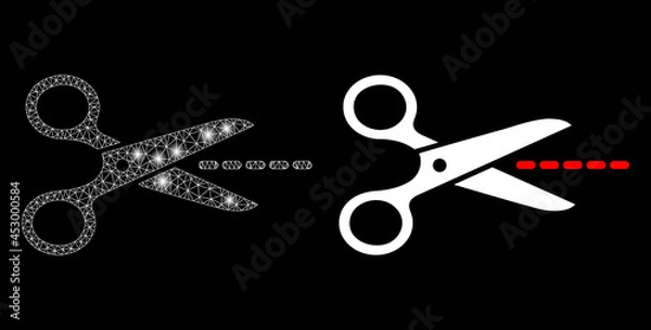 Fototapeta Magic mesh vector scissors line with glare effect. White mesh, glare spots on a black background with scissors line icon. Mesh and glare elements are placed on different layers.