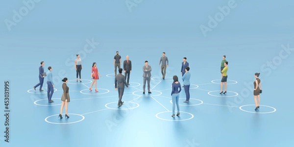Obraz ネットワークで繋がるビジネスパーソン / チームマネジメント・多様なコミュニティ・ネットワークとリモートワークのコンセプトイメージ / 3Dレンダリンググラフィックス