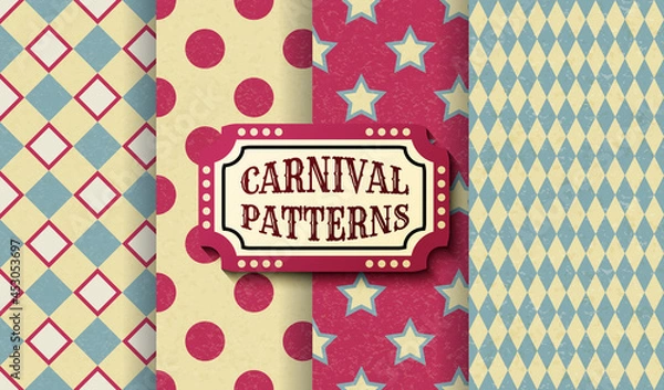 Obraz Set of carnival retro vintage seamless patterns. Textured old fashioned circus wallpaper templates. Collection of vector texture background tiles. For parties, birthdays, decorative elements.
