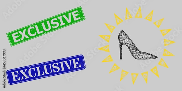 Fototapeta Carcass net mesh exclusive ladies shoes model, and Exclusive blue and green rectangular dirty stamp seals. Carcass net mesh symbol is based on exclusive ladies shoes pictogram.